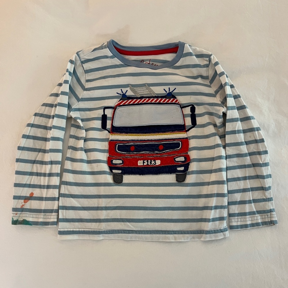 Mini Boden Blue Striped Appliqué Shirt with Fire Truck